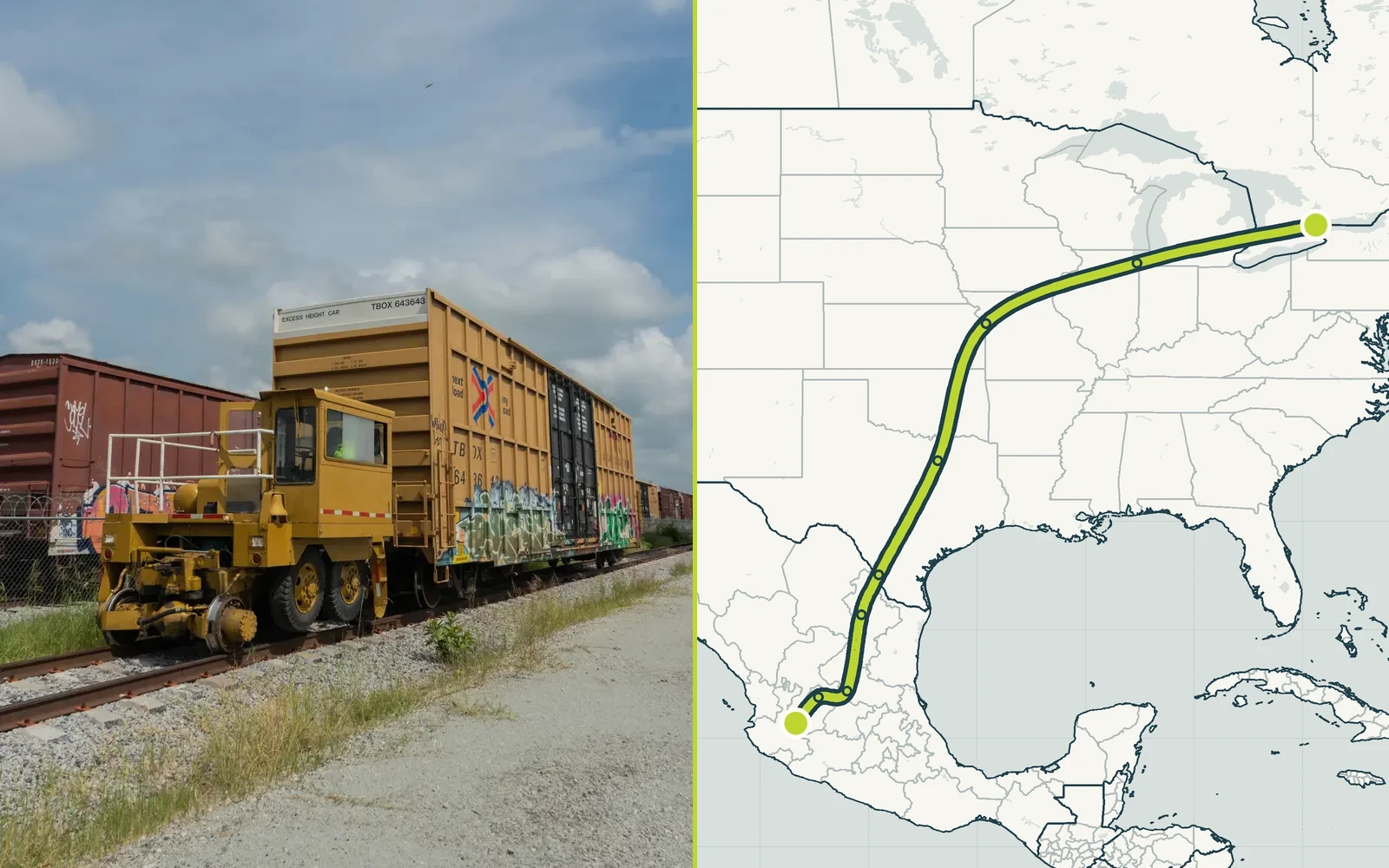 Maquinaria ferroviaria y mapa de la ruta Guadalajara–Estados Unidos y Canadá
