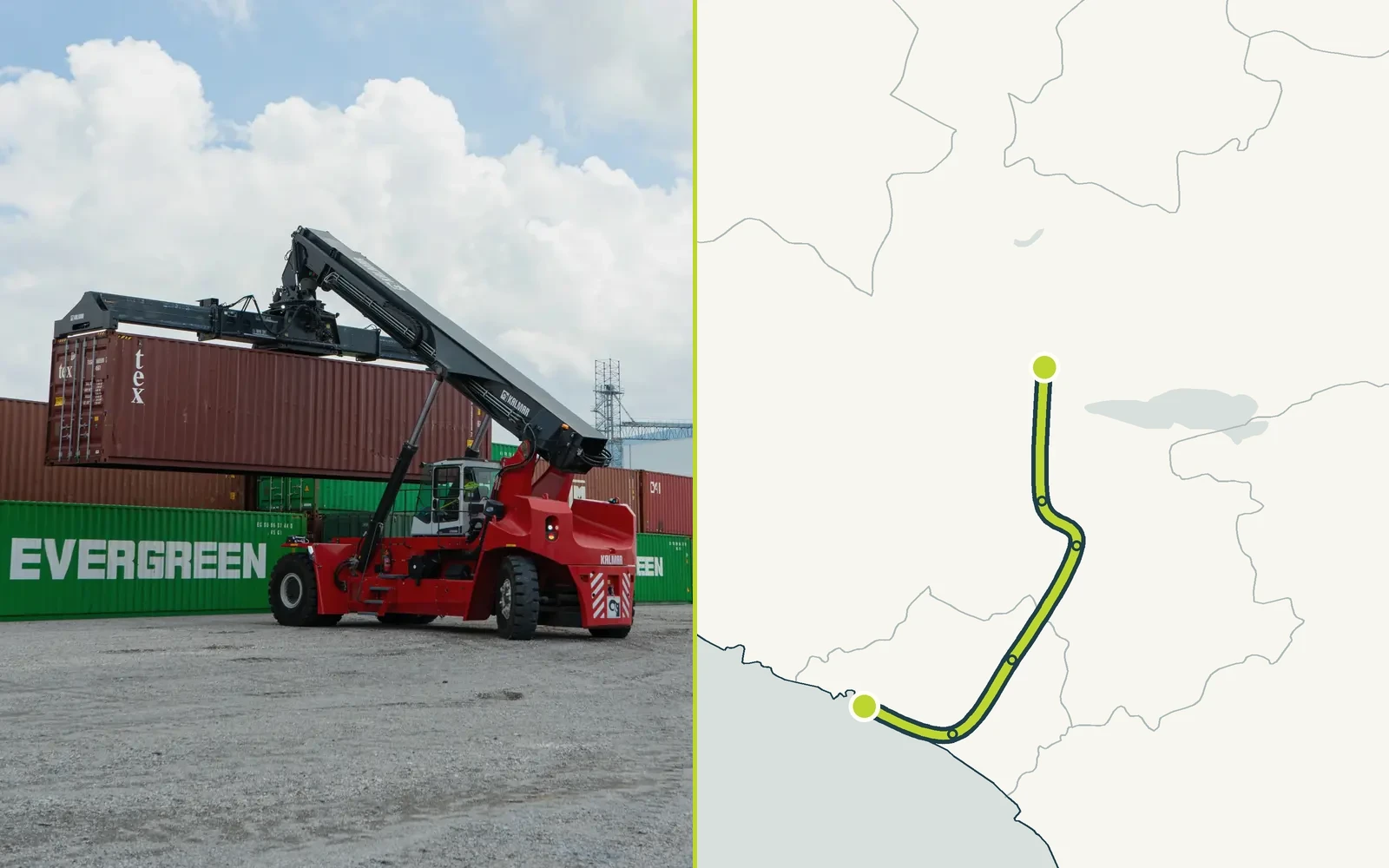 Maquinaria portacontenedores y mapa de la ruta Manzanillo–Guadalajara